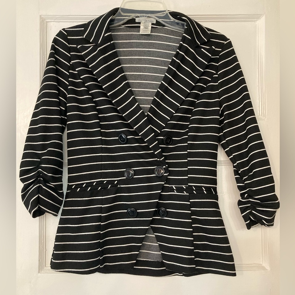 Charlotte Russe black and white striped button up rouched sleeve blazer